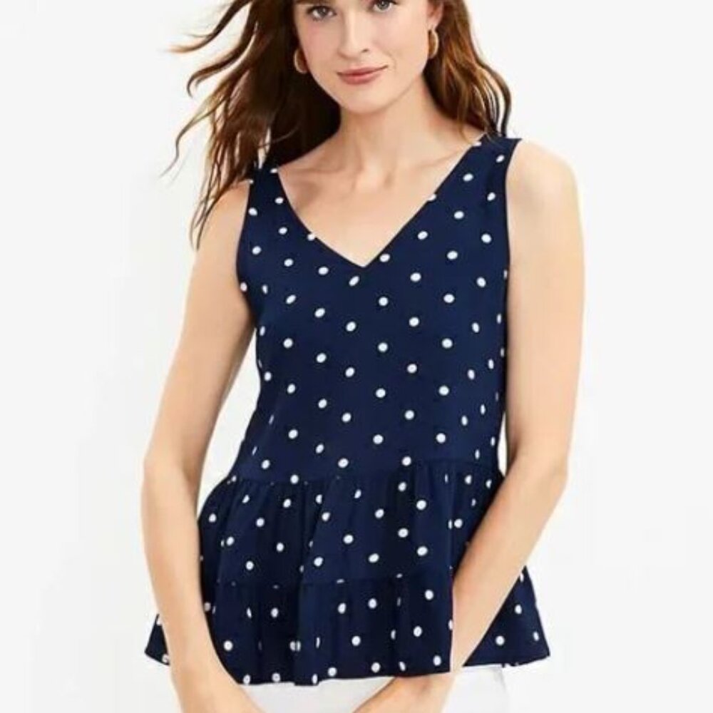 NWOT LOFT NAVY BLUE-WHITE POLKA DOT V Peplum Shell Top Size S